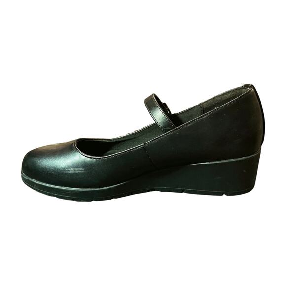 Anne Klein Black Leather Mary Jane Wedge Heels Size 7M classic old money preppy - Picture 2 of 13